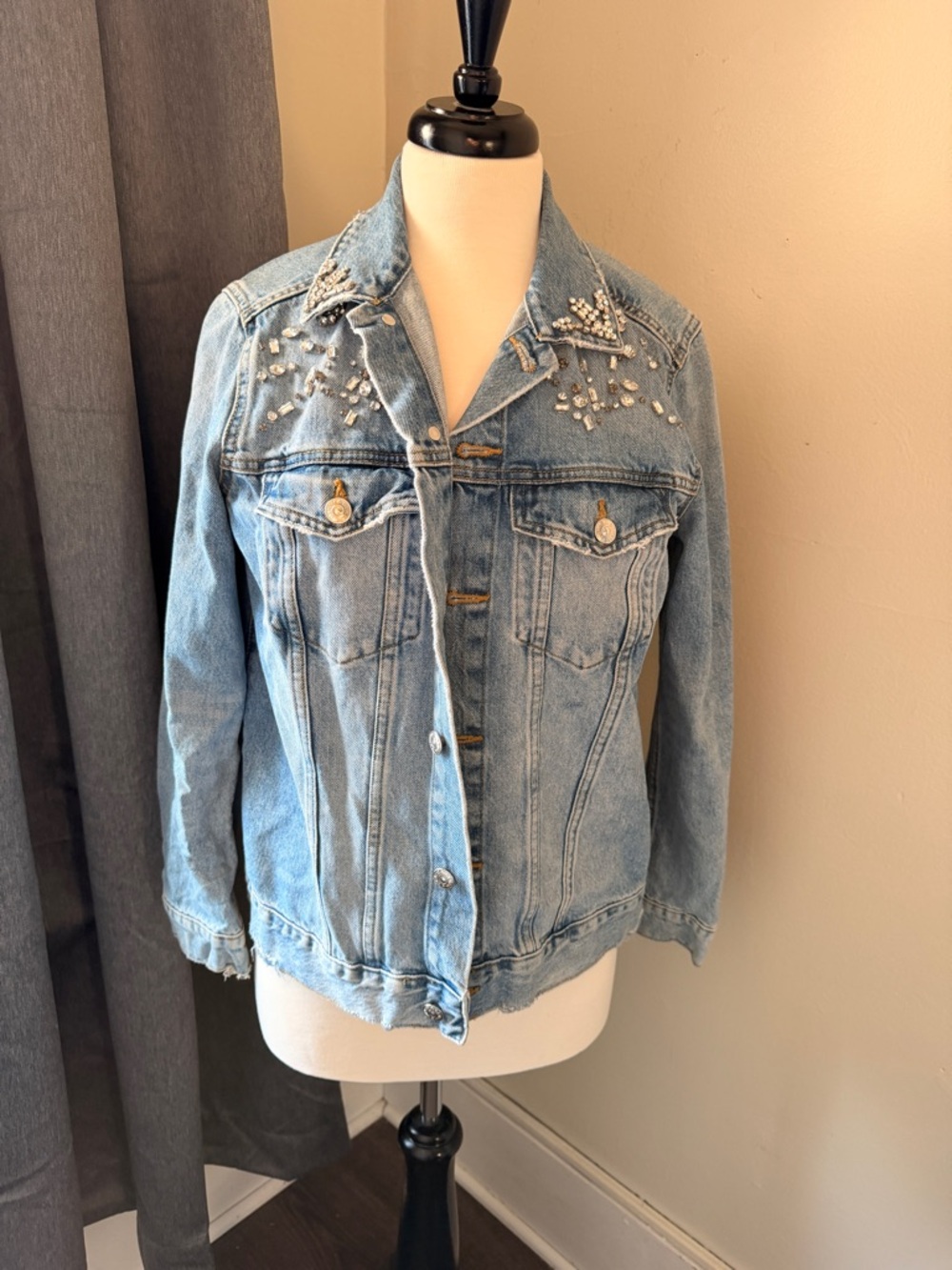 Embellished Light Blue Denim Jean Jacket for Women